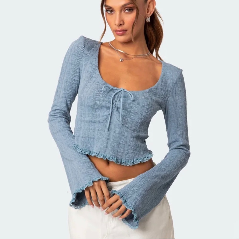 edikted lacey long sleeve knit top (blue)
